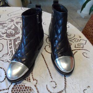 Balmain Black Calf Leather Quilted Ankle Boots w/Silver Cap Toe Size 39B